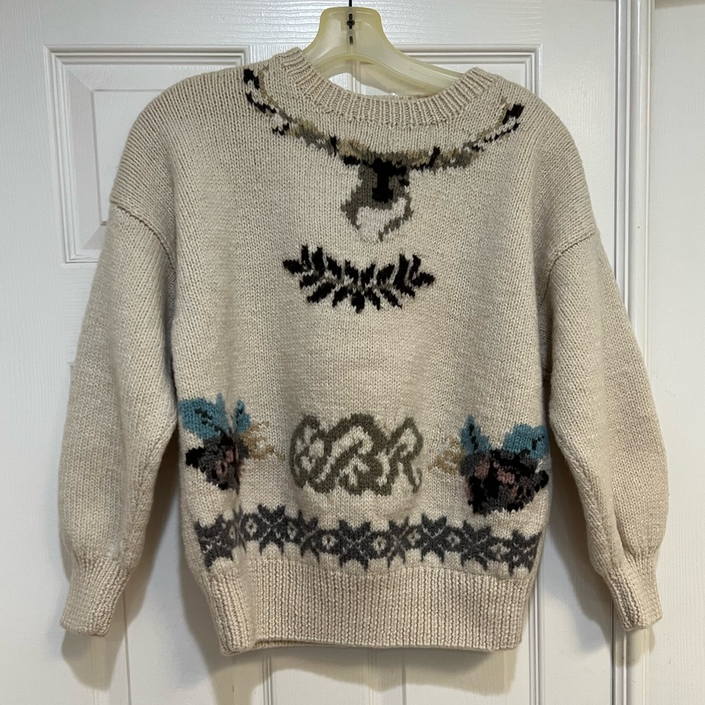 Vintage Thick Wool Cream Cable knit deer  Sweater Jumper Grandmacore‎ Medium
